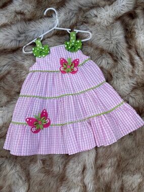 Emily Rose Pink Gingham Sundress with Green Accents and Butterfly Appliqués